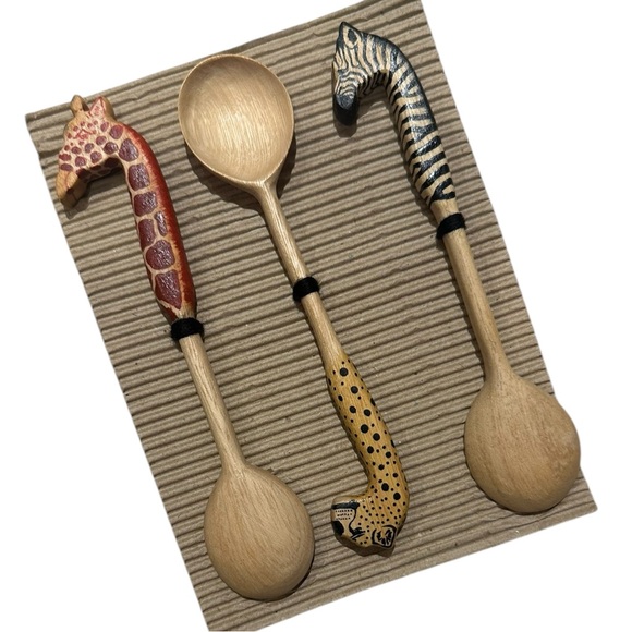 Set Of 3 Animal Head Topped Wooden Cocktail/ Salt Cellar Spoon~Made In Kenya - Picture 5 of 6